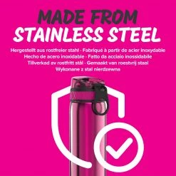 Water Bottles Ion8 Leak Proof Slim Water Bottle, Stainless Steel, Pink, 600ml