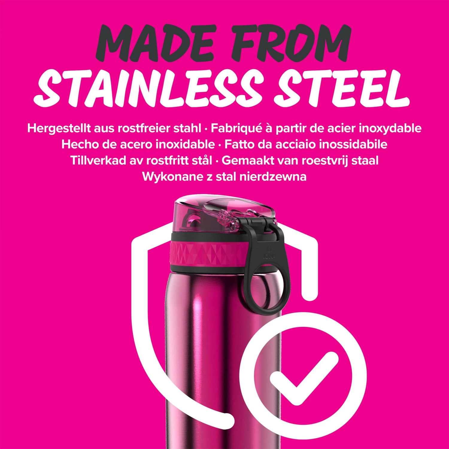 Ion8 Leak Proof Kids' Water Bottle, Stainless Steel, Pink, 400ml Water Bottles 5 Ion8 Leak Proof Kids' Water Bottle, Stainless Steel, Pink, 400ml Water Bottles
