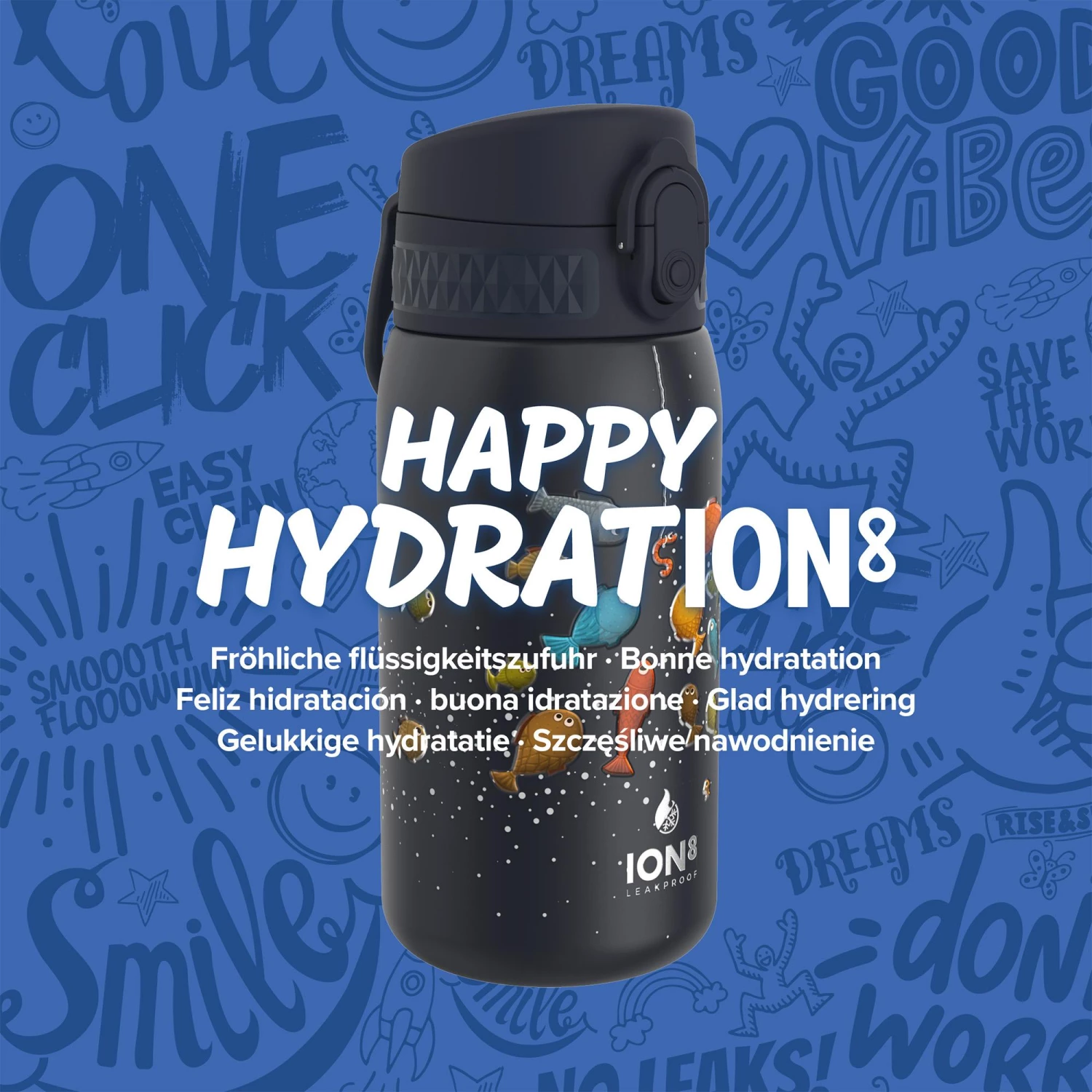 Ion8 Leak Proof Kids' Water Bottle, Vacuum Insulated Steel, 320ml (11oz), Funny Fish Water Bottles 8 Ion8 Leak Proof Kids' Water Bottle, Vacuum Insulated Steel, 320ml (11oz), Funny Fish Water Bottles