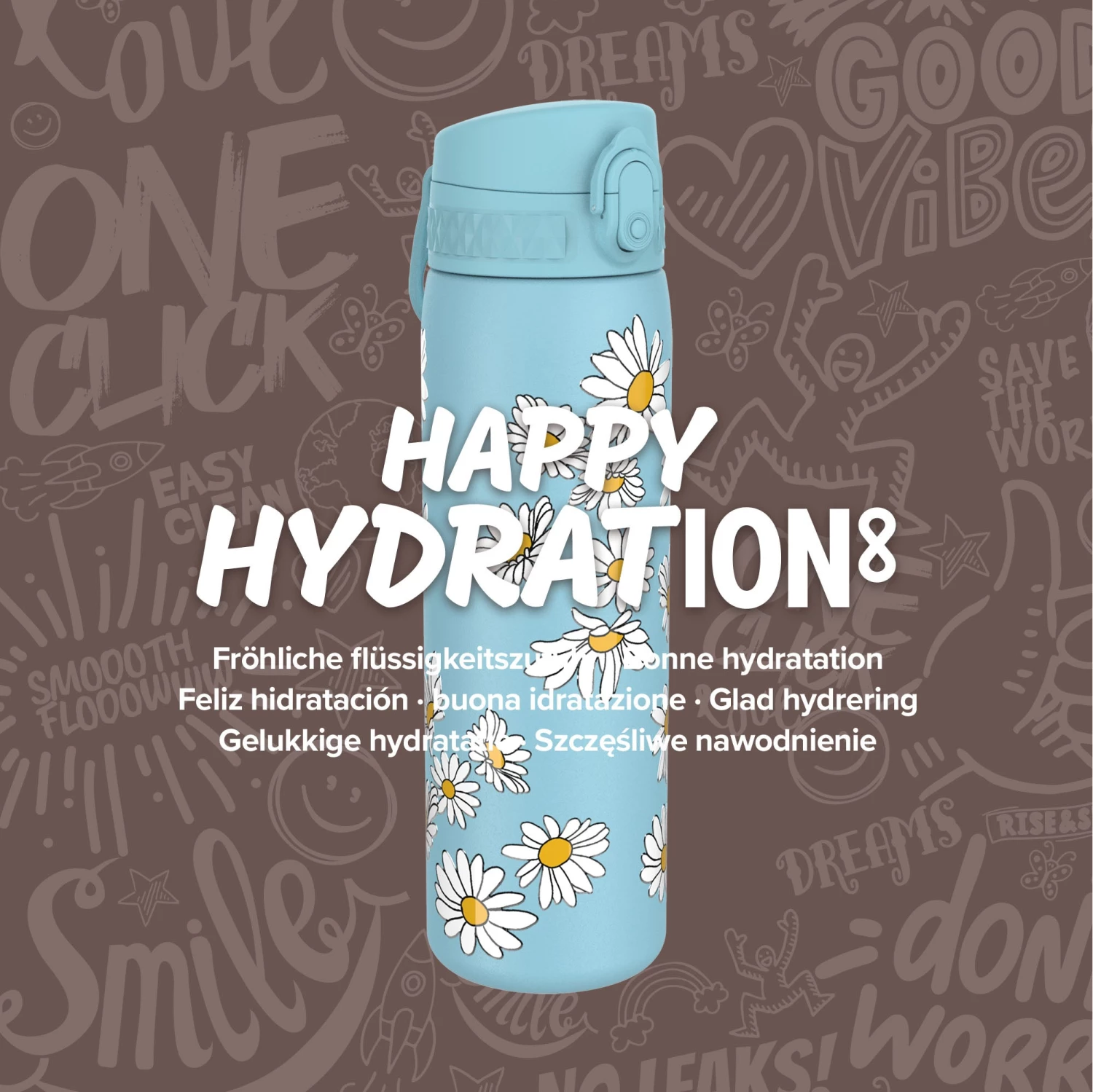 Ion8 Leak Proof Slim Water Bottle, Stainless Steel, Daisies, 600ml (20oz) Water Bottles 8 Ion8 Leak Proof Slim Water Bottle, Stainless Steel, Daisies, 600ml (20oz) Water Bottles